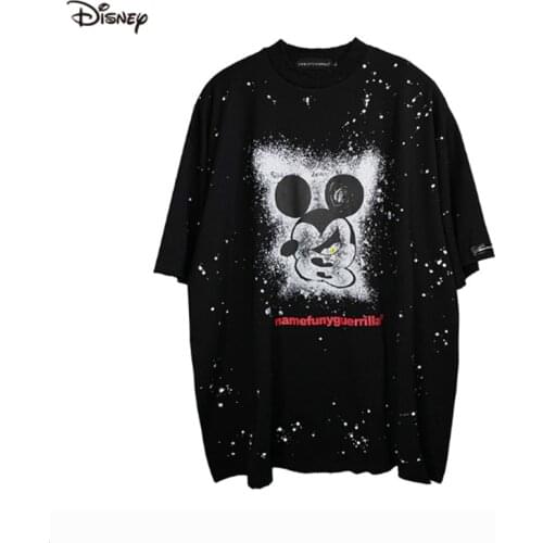 Disney Spoof Mickey Mouse T-shirt Tide Man Splash Ink Spot Casual Short Sleeve Street Style O-neck Cotton Shirts Men Male Tops