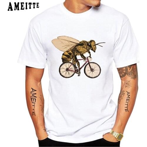 Vintage Bee On A Bicycle Printed Unisex T-Shirt Men Short Sleeve Funny Animal Riding Bike Design Hipster Hip Hop Boy White Tees
