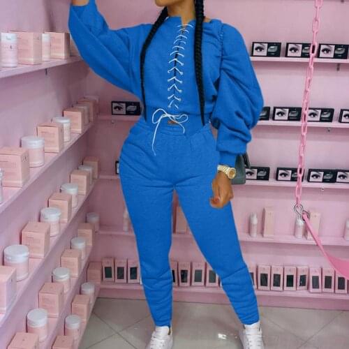 Solid Colo Outfits Women Pant Suits Long Sleeve Lace-up Tight Hoodies Pullovers Top Long Pants Two Piece Set Women Tracksuits