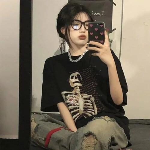 Summer street wear black top girl Punk Skull Grunge T-shirt Womens Skull printing Loose Short Sleeve Aesthetic tops for girls