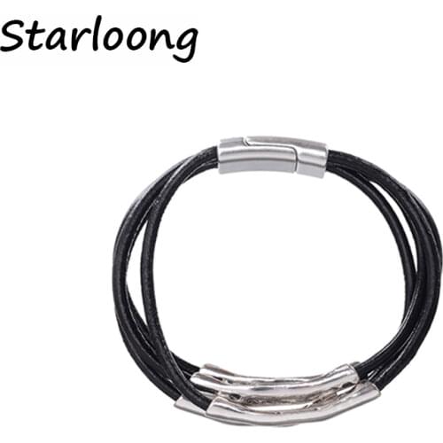 2017 new fashion alloy Pattern geometric shape black multi-layer genuine leather cord magnetic clasp bracelets for women and men