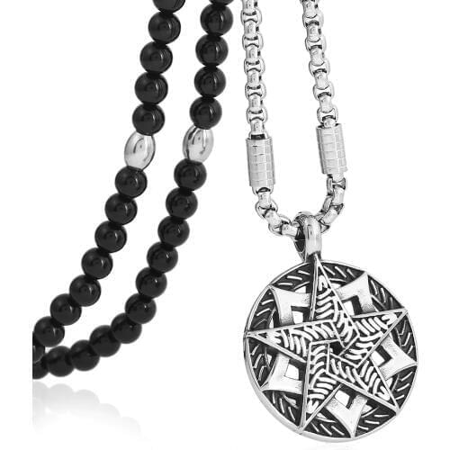 Men Black Natural Stone Necklace with Stainless Steel Double Pentacle Pentagram Pendant Necklace