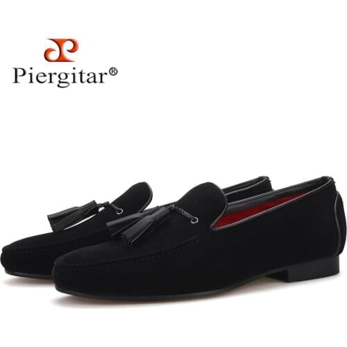Piergitar new black cotton men shoes with leather tassel handmade men loafers wedding and party mens dress shoes plus size