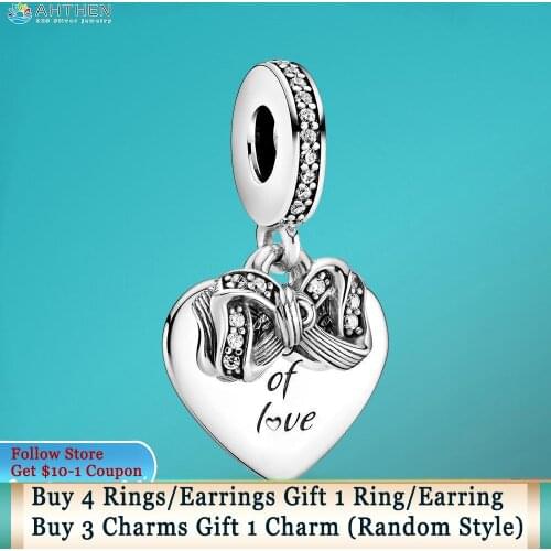 Ahthen 925 Sterling Silver Beads Bow & Love Heart Dangle Charm fit Original Pandora Bracelets for Women Jewelry Making Gift