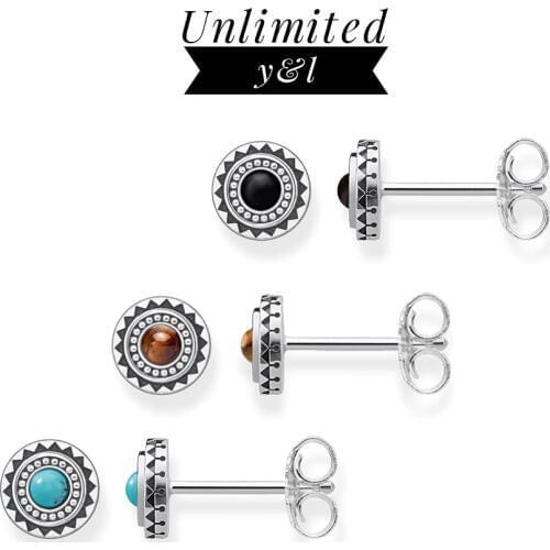 10MM Round Sun Stud Earrings for Women 925 Sterling Silver Black/Yellow/Blue Stone Thomas Style High Quality Ear Stud Jewelry