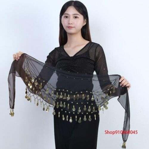 Summer ladies fashion exaggerated belly dance waist chain 72 gold coins girdle Indian dance three-layer chiffon belt hip towel a