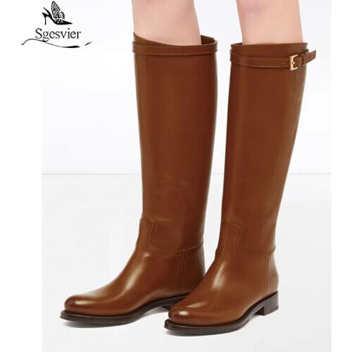 Sgesvier Plus Size 34-45 Women Leather Knee High Boots Flat Heel Women Winter Warm Boots Fashion Casual Woman Long Footwear