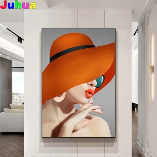 Modern Fashion Woman Orange Hat 5D DIY Diamond Painting Mosaic Cross Stitch Diamond Embroidery Handicraft Crafts nordic decor