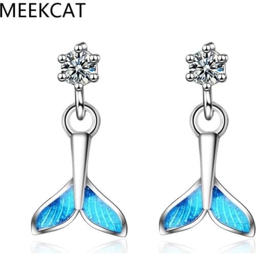 MEEKCAT Hot Sale 100% 925 Sterling Silver Blue Zircon Mermaid Fishtail Small Stud Earrings for Women Silver Jewelry BSE058
