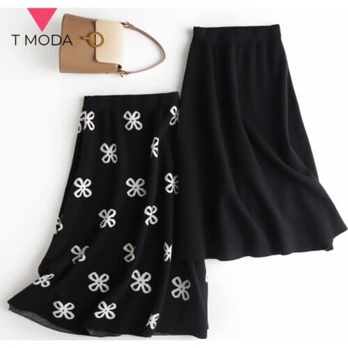 T MODA 2021 Autumn Winter Women Elastic Waist Floral Knit Skirt Lady Clover A-line Midi Skirts Female Girl Streetwear Chic Skirt
