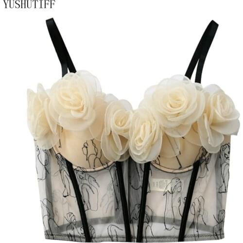 Crop Tank Top Sexy Cropped Women Tube Top Flower Sweet Night Club Party Corset Push Up Bustier Cami Built in Bra Underwear 8203