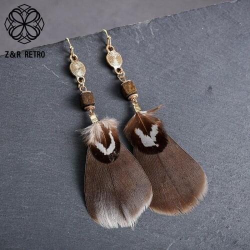 Vintage DropEarrings with Brown Feather Hook Decorative Pendientes Suspension Body Jewelry for Women Unusual Things Accessories