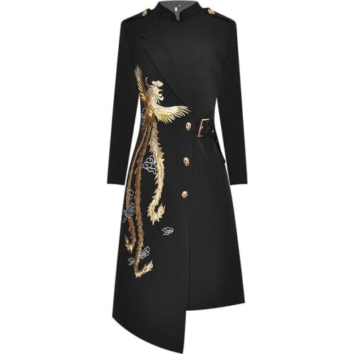 High Quality Spring Autumn New WomenS Fashion Office Party Casual Vintage Elegant Chic Embroidery Print Black Midi Coat Dress
