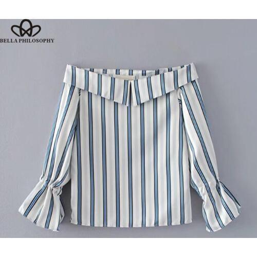 Bella Philosophy 2018 Sexy Slash Neck Blouse Women Shirt Off Shoulder Stripe Shirt Female Casual Bowknot Tops Blusas For Ladies
