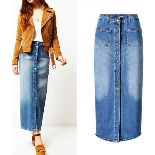 Top Quality Women Ankle Length Denim Maxi Skirt Single Breasted Split Vintage Jeans High Waist