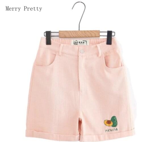 Pink Hight Waist Cartoon Caron Avocado Embroidery Shorts For Women 2020 Summer Harakuju Casual Korean Style Hot Mini Shorts