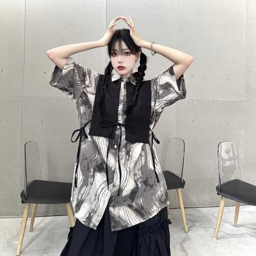 Vintage Shirt Womens Short Sleeve High Street Fashion Women Sets Printed 2021 Summer Korean Vest and Skirt Three-piece Sets