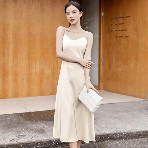 2021 Women Satin V Neck Sexy Dress Solid A-line Party Dress Elegant Female Summer Spaghetti Strap Dress Casual