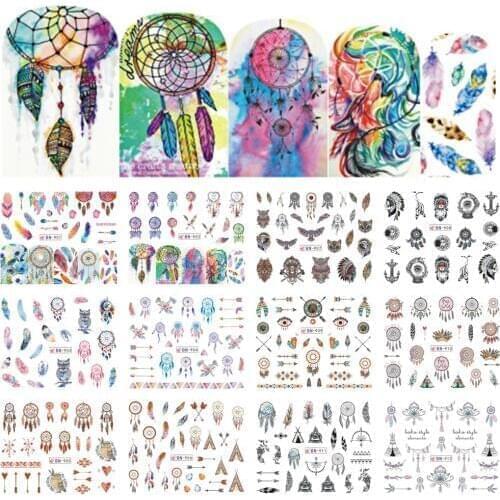 12 Designs Colorful Nail Water Decals Slider Dream Catcher Feather Harajuku Owl Nail Wraps Tattoo Decoration Access BEBN901-912