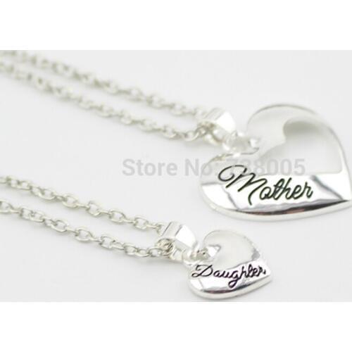 2015 New Fashion Mother Day Gifts Jewelry "Mother Daughter" Heart Cutout Pendant Necklaces Wholesale Jewelry ! 2pcs 1 sets
