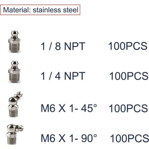 304 stainless steel M6x1 1/4 NPT 1/8 NPT Standard Male Thread Oil Grease Nipples Fittings for Grease Gun Nozzles