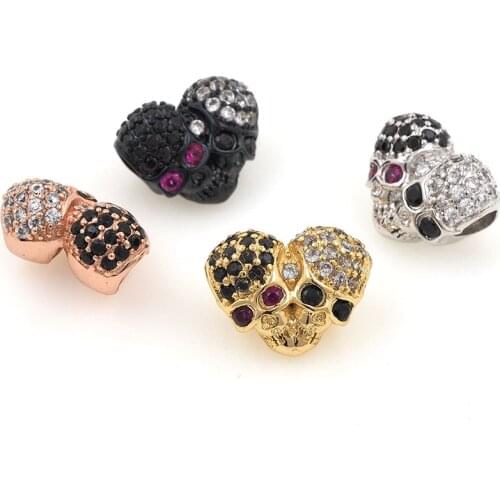 3D CZ Double Head Skeleton Spacer Beads Copper Zircon Skull Charms for Jewerly Making 11.5x15x8MM