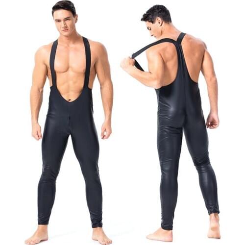 Mens Faux Patent Leather Catsuit bodysuit Stretch PVC Bodysuits Open Crotch Straps Jumpsuit Nightclub Stage Dancing Costume