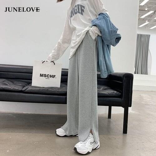 JuneLove Spring Grey Sports Casual Cotton Pants Vintage Female Side Zippers Split Elastic High Waist Loose Wide-Legged Trousers