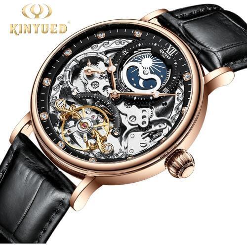 KINYUED Mechanical Automatic Watch Men Tourbillon Wristwatch Sports Clock Mechanism Self Winding Watches Casual Moon horloge man