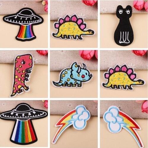 Fine Rainbow UFO Lightning Patches Iron On Monkey Cats Dinosaur Appliques 3D Diy Cartoon Flaky Clouds Wings Badges for Clothes