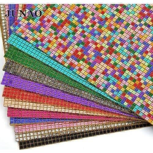 JUNAO 24*40cm Mix Color Resin Rhinestones Mesh Trim Bridal Appliques Crystals Fabric Sheet Strass Stickers For DIY Jewelry