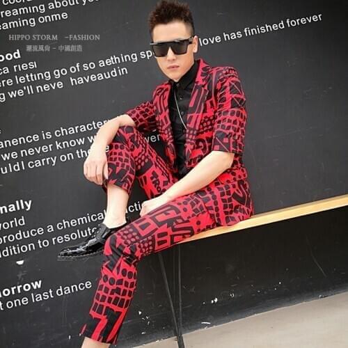 Red Letter 2pcs Slim Fit (jacket+pant) Male Fashion Print Blazer Men Suit Set Stage Show Singer Dj Costume Homme