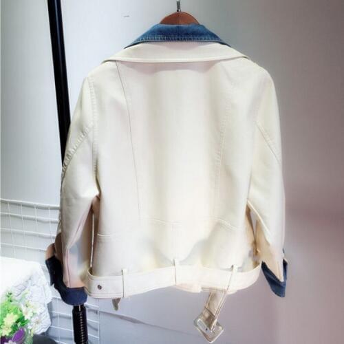 Denim Patchwork Fake 2 Piece Pu Leather Jacket Female Fashion Loose Biker Short Coat Spring Autumn New Office Lady Outerwear