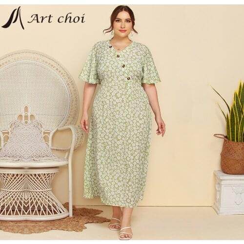 Summer Women Long Floral Dress Female Boho Beach Elegant Skirt V-Neck Butterfly Sleeve Ladies Vintage Party Vestido Plus Size