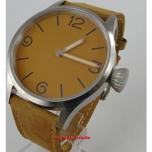 Top 43mm sterile orange dial sandwich dial sapphire crystal hand winding aisa 6497 mens watch 984