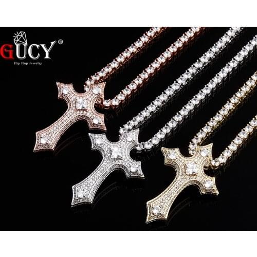GUCY Bling Cross Pendant Necklace With 4mm Tennis Chain AAA Cubic Zircon Mens Women Hip hop Rock Jewelry For Gift