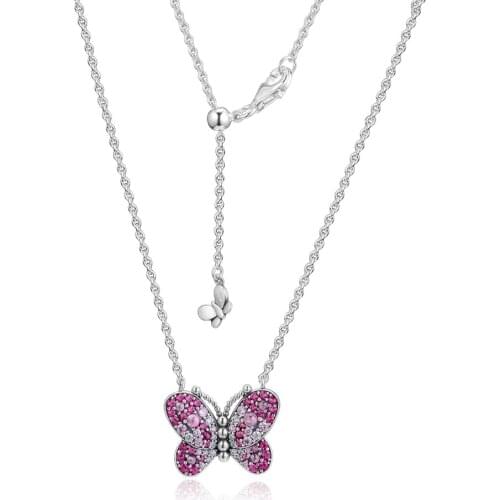 Authentic 925 Sterling Silver Dazzling Pink Butterfly Pendant Necklace collier Chain Necklaces for Women Gift Fine Jewelry