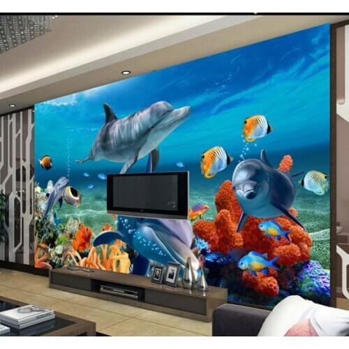Custom 3d photo wallpaper 3d wall murals wallpaper 3 d underwater world dolphin TV setting wall 3d wallpaper living room