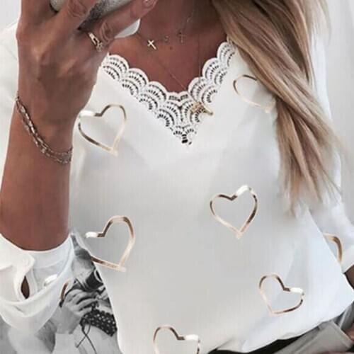 Plus Size Valentines Day T-shirts for Women Hearts Print V-neck Lace Patchwork Long Sleeve T-shirt Harajuku T-shirt Ropa Mujer