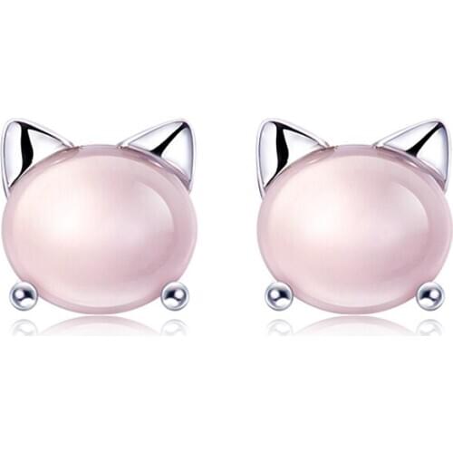 Natural Rose Quartz Stud Earrings In 925 Sterling Silver Fashion Love Cute Cat Crystal Woman Girl Jewelry Birthstone Gift