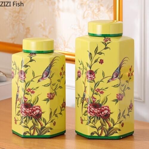 European Garden Decoration Hand-painted Flowers Birds Ceramic Hexagonal Pot Flower Cover with Cover Small Object Storage Tank