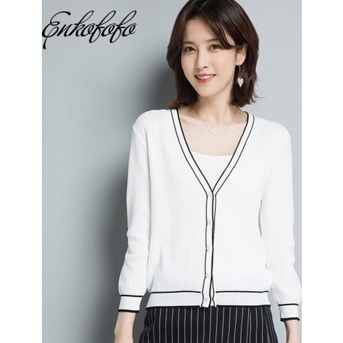 Sweater Women Cardigan 2019 Spring and Autumn V-neck Short Design Strip Edge Loose Sweater Outerwear Female Cardigans Sweaters