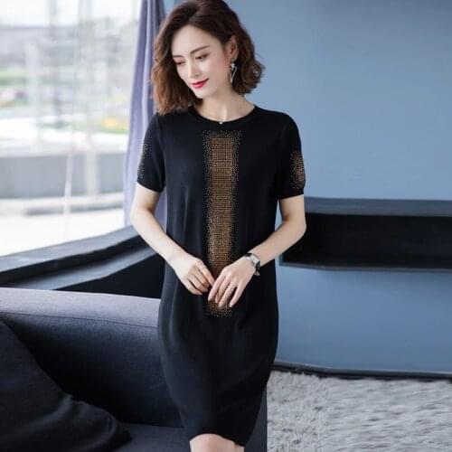 Women Short Sleeve O-neck Ice Silk Cool T-shirt Dress Female Fashion Casual Long Sequins Knitted Dresses