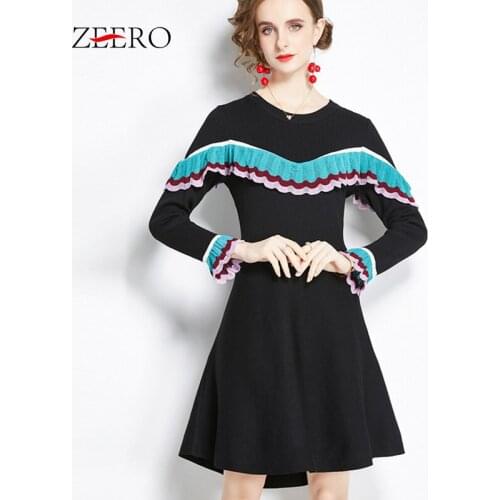 Autumn Winter Sweater Dress Women Colorful Ruffles Trim A-line Black Knitted Dress O-neck Flare Sleeve Elegant Slim Dress 2020