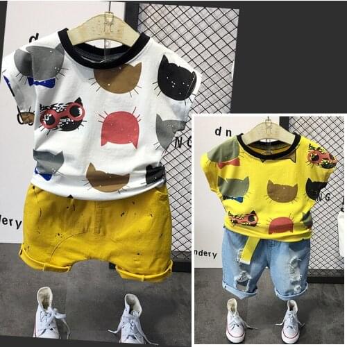 2021 2pcs Summer Baby Boy Children Causal Cartoon Printing Suit Tops + Short Boys Clothes Kids Clothes sets 2-7