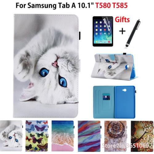 SM-T585 Tablet Case For Samsung Galaxy Tab A A6 10.1" 2016 SM-T580 T580 T585 T585N Smart Cover Funda Cartoon Cat Shell +Film+Pen
