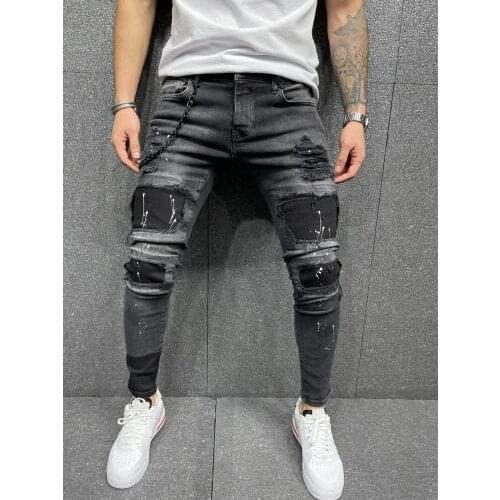Men Ripped Jeans Patchwork Casual Skinny Pencil Pants Male Hole Street Hip-Hop Denim Trousers Tourism Party Biker Cowboy Bottoms