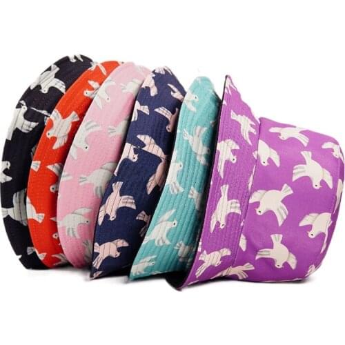 Reversible Bucket-Hats Men Women Peace Pigeon Print Sunscreen Fisherman Cat Cotton Fashion Anti-sun Dove Outdoor Panama Hat