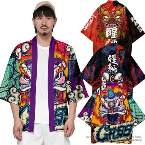 Men Woman 2020 Japanese Cardigan Cosplay Shirt Blouse for Women Yukata Female Streetwear Lion Beach Traditional Kimono