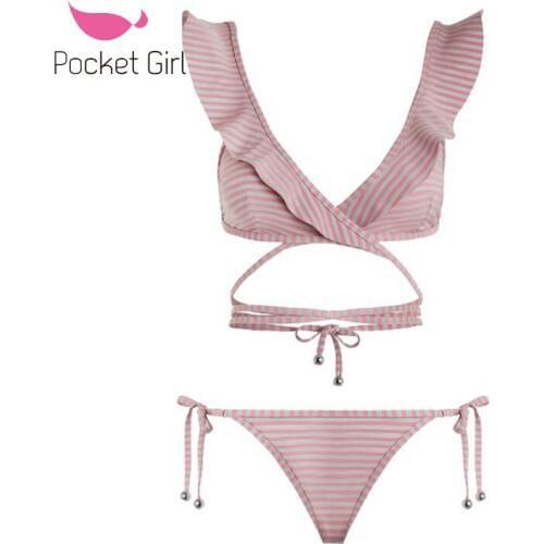 Pocket Girl 2019 Women Stripe Bathing Suit Brazilian Biquini Swimwear Bikinis Set Vintage Retro Swimsuit Bandage Swimwear Female